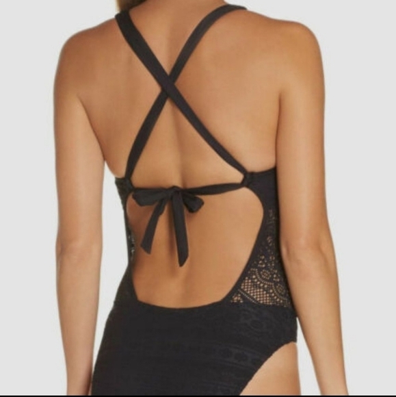 BECCA Color Play Crochet Tie front One piece swimsuit Black M - Picture 2 of 9